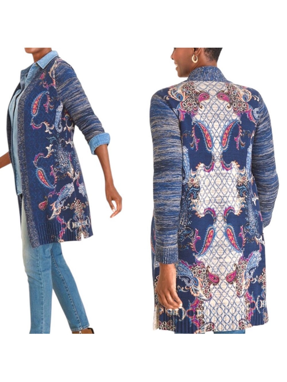 Chico's Blue Paisley Print Open Front Longline Cardigan Sweater, Women's XXL (4)
